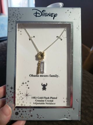 Disney 14k Gold Plated Crystal Necklace Lilo & Stitch Ohana Means Family