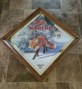 (vtg) Miller High Life Beer Wildlife Series Fox Deer Diamond Wood Frame Mirror