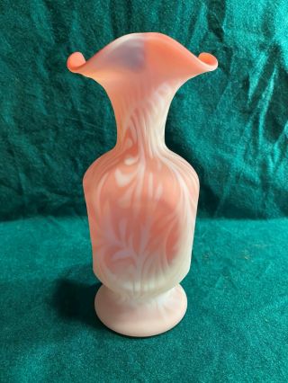 Vintage Fenton " Fern " Cranberry / Rose (pink) Satin Opalescent Pinched Vase