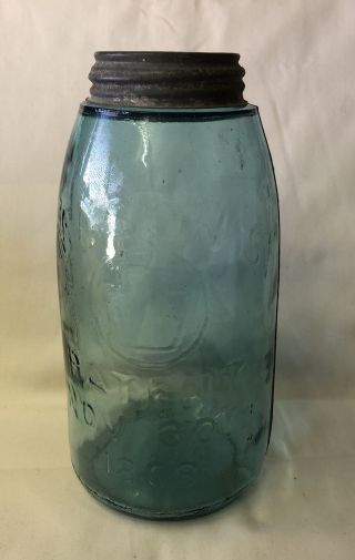 Vintage Aqua Masons Keystone/in/circle 1858 Half Gallon Canning Jar Ground Lip
