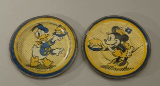 Vintage Walt Disney Minnie Mouse Donald Duck Tin Tea Set Saucers 2 1/ " 2