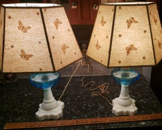 Vintage Blue Optic Oil Font Electrified Table Lamp W/ Milk Glass Base