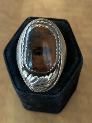 Vintage Old Pawn Navajo Petrified Wood Feather Sterling Silver Ring Size 9.  5