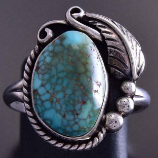 Vintage Size 7 - 1/4 Silver & Turquoise Top Feather Navajo Ring Zg23o