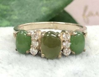 Ss Jade Cz Estate Ring,  Vintage Jewelry,  3 Stone Jade Ring,  Sterling Silver Ss