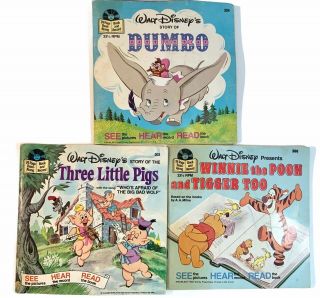 3 - Vintage Read Along Book & Record Walt Disney,  Dumbo,  3 Little Pigs,  Pooh