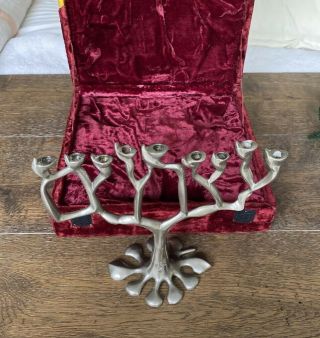Judaica Tree Of Life Menorah Candelabra Velvet Box Signed Klass Vintage Hanukkah