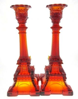 2pc Set 10.  5 " Vintage Glass Eiffel Tower Candlestick Candle Holders Red Amberina