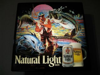 Vtg Bud Natty Natural Light Beer Bass Trout Fish Fry Fishing In Motion Bar Sign