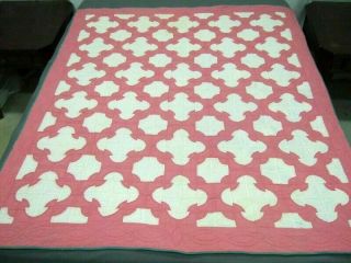 Vintage Handmade Unique 16 Patch Quilt W Pink,  Off - White,  & Aqua Stitching