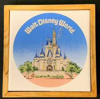 Vintage Walt Disney World Wood Framed Ceramic Trivet Wall Picture Japan