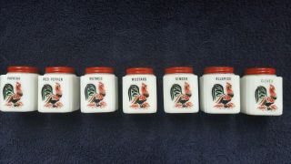 7 Vintage Tipp City Milk Glass Spice Set W/ Roosters Red Tops Near
