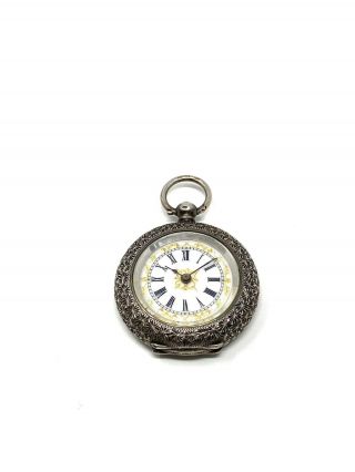 Antique Victorian Enamel Faced Solid Silver Gold Detail Ladies Pocket Watch Fob