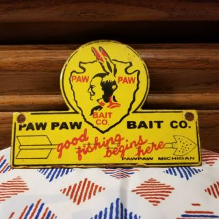 Vintage Paw Paw Bait Company Fishing Lures Porcelain Sign Rv Camping Fishing