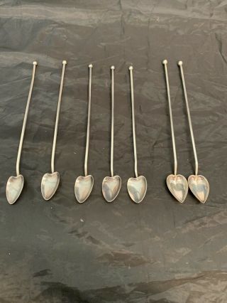 7 Vintage Sterling Silver Heart Spoons Iced Tea Julep Straw Sipper