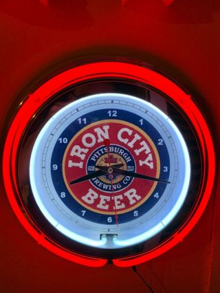 ^iron City Beer Bar Man Cave Red Neon Clock Advertising Sign