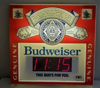 Vintage 1984 Budweiser Beer Sign Electric Clock Lighted Sign