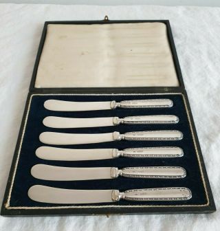 Cased Set Of 6 Art Nouveau Hallmarked Silver Butter Knives - Sheff 1918
