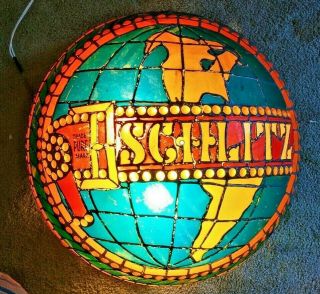 Vintage Schlitz Beer Hanging Globe Bar/ Pool Light Faux Stained Glass 22 " W X 13 "