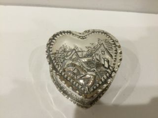 Vintage Repousse Sterling Silver Heart Trinket Box,  Man,  House W/ Hallmark Euc