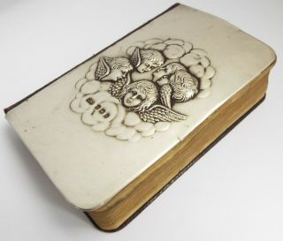 Lovely Large English Antique 1908 Sterling Silver Mounted Prayer Book Cherubs