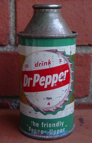 Dr Pepper " The Friendly Pepper - Upper " 6 Oz Cone Top Tin Can - - Dallas Texas