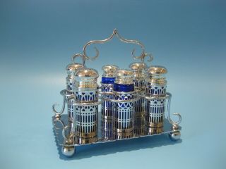 Very Elegant Little Antique Victorian Silver Plated 7 Piece Salt & Pepper Caddy