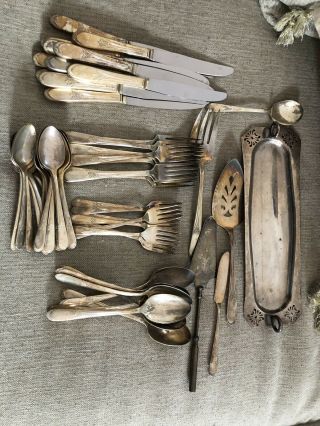 W M Rogers Antique Silver Cutlery Set,  Knives,  Forks,  Spoons,  Cake Set