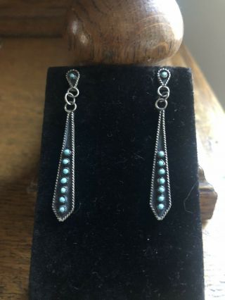 Vintage Zuni Turquoise Petit Point Fine Sterling Silver Post Dangle Earrings