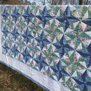 Vintage Hand Quilted Stars Floral Country Shabby Chic Quilt Full Queen 82 " X 95 "