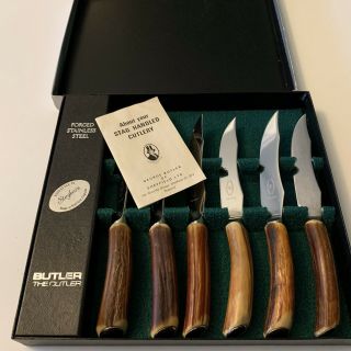 Vintage George Butler & Co Sheffield,  England Stag - Horn Knives - Set 6