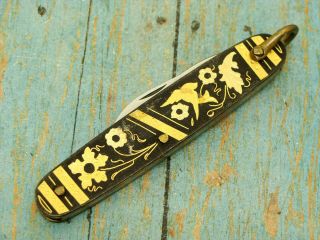 Vintage Toledo Spain Gold Damascene Folding Pocket Watch Knife Fob Knives Tools