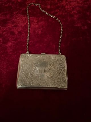 Antique Sterling Silver Coin Purse Card Holder With Chain