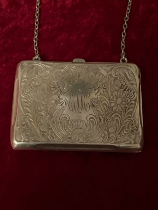 Antique Sterling Silver Coin Purse Card Holder With Chain 2
