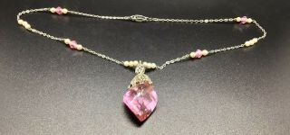 Vintage Uranium Glass Pendant: Large Pink Multi - Faceted Stone On Matching Chain