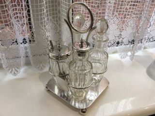 Lovely Antique Lanson Ltd Silver Plated And Cut Glass Condiment Set