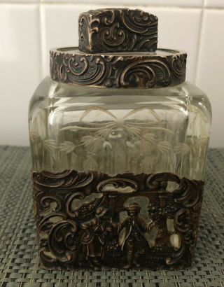 Antique German Hanau 800 Silver Repousse & Crystal Bottle Jar