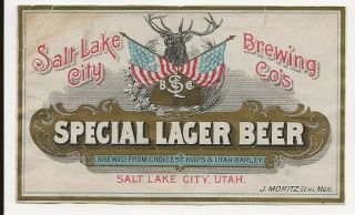 Salt Lake City Brewing Pre Prohibition Special Lager Beer Label Ut