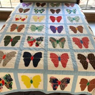 Vintage Machine Sewn Applique Butterfly Quilt; Clouds Quilting; Queen