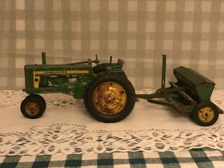 Vintage Ertl 1/16 Scale 1950s John Deere Toy Tractor And Grain Drill