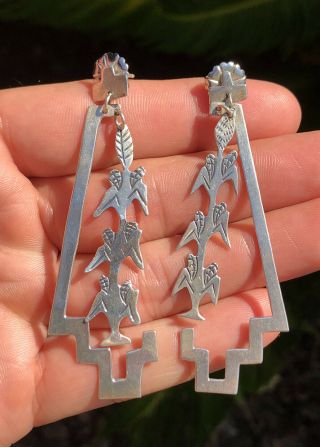 Vtg Navajo Native American Stamped Sterling Silver Corn Stalk Dangle Earrings