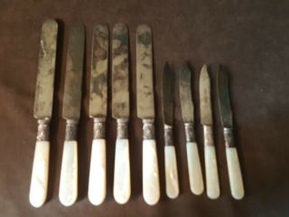 Antique Sterling Silver Dinner Knives Set 9 Mother Of Pearl Handles