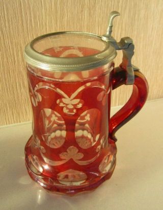 Antique German Cut Glass Ruby Red Beer Stein Pewter Lid 1869 Bohemia Die Freunde