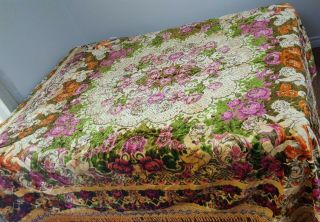 Vintage Italian Chenille Velvet Bed Spread Queen Size Floral Cherub Design