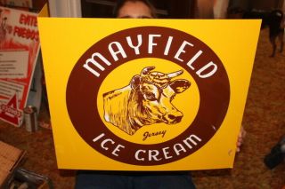 Large Vintage Mayfield Ice Cream Dairy Cow Farm 2 Sided 20 " Metal Flange Sign