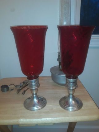 Pair Gorham Sterling Silver Candle Stick Holder Cranberry Glass Hurrican Style