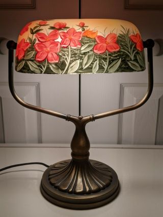 Vintage Handel - Style Bronze 2 - Arm Bankers Desk Lamp Reverse Painted Floral Shade