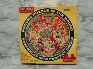 Vintage Disney Jaymar Round Picture Puzzle The Picnic Mickey Donald Goofy Minnie