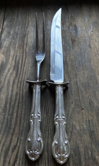 International Joan Of Arc Sterling Silver Handle Meat Carving Set Knife Fork 10”