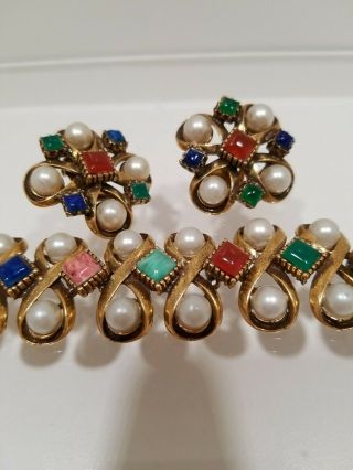 Florenza Faux Pearl & Cabochon Bracelet Earring Set Parure Vintage